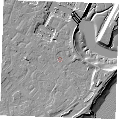 Shaded relief map of the ground around BN235TX, computed from Environment Agency LiDAR. The ground here sits at about 3 m above sea level and falls 13 m across the surrounding 800 m. Surface water reaching this point runs off ground lying to the east-south-east, 6.6 m higher.