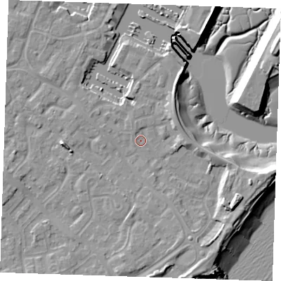 Shaded relief map of the ground around BN235TY, computed from Environment Agency LiDAR. The ground here sits at about 3 m above sea level and falls 13 m across the surrounding 800 m. Surface water reaching this point runs off ground lying to the south-east, 6.6 m higher.