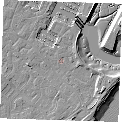 Shaded relief map of the ground around BN235TZ, computed from Environment Agency LiDAR. The ground here sits at about 3 m above sea level and falls 13 m across the surrounding 800 m. Surface water reaching this point runs off ground lying to the south-east, 6.6 m higher.