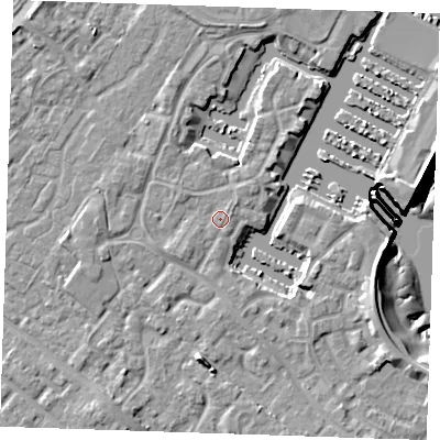 Shaded relief map of the ground around BN235UA, computed from Environment Agency LiDAR. The ground here sits at about 4 m above sea level and falls 10 m across the surrounding 800 m. Surface water reaching this point runs off ground lying to the west, 1.4 m higher.