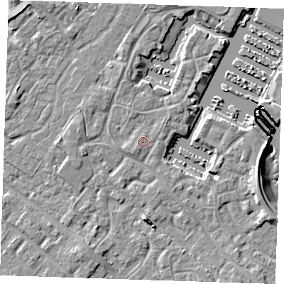 Shaded relief map of the ground around BN235UB, computed from Environment Agency LiDAR. The ground here sits at about 4 m above sea level and falls 10 m across the surrounding 800 m. Surface water reaching this point runs off ground lying to the south-west, 1.1 m higher.