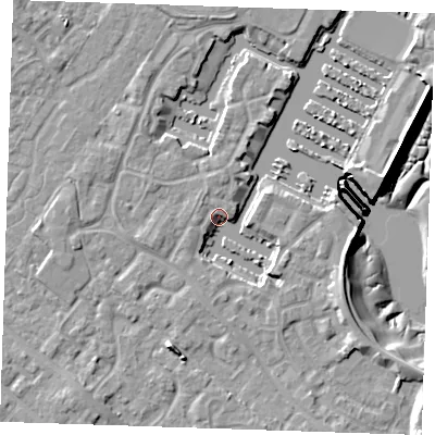 Shaded relief map of the ground around BN235UD, computed from Environment Agency LiDAR. The ground here sits at about 3 m above sea level and falls 11 m across the surrounding 800 m. Surface water reaching this point runs off ground lying to the south-south-west, 5.7 m higher.