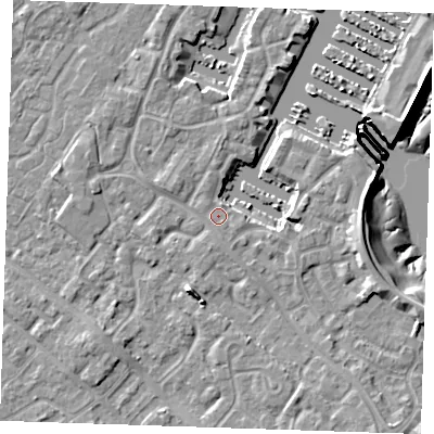 Shaded relief map of the ground around BN235UF, computed from Environment Agency LiDAR. The ground here sits at about 4 m above sea level and falls 10 m across the surrounding 800 m. Surface water reaching this point runs off ground lying to the south-south-west, 1.3 m higher.
