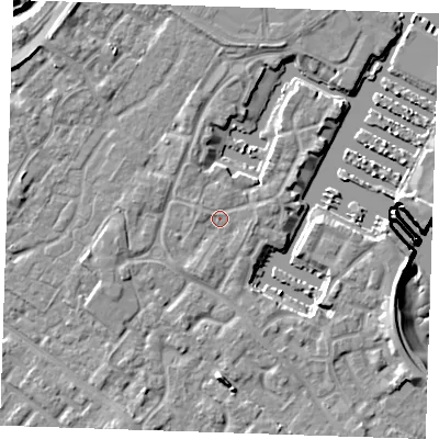 Shaded relief map of the ground around BN235UG, computed from Environment Agency LiDAR. The ground here sits at about 3 m above sea level and falls 10 m across the surrounding 800 m. Surface water reaching this point runs off ground lying to the west-south-west, 1.4 m higher.