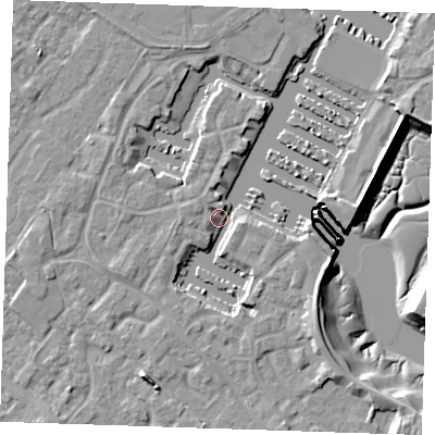 Shaded relief map of the ground around BN235UH, computed from Environment Agency LiDAR. The ground here sits at about 3 m above sea level and falls 10 m across the surrounding 800 m. Surface water reaching this point runs off ground lying to the south-east, 4.7 m higher.