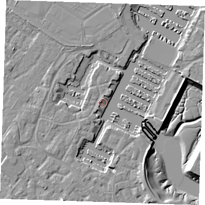 Shaded relief map of the ground around BN235UJ, computed from Environment Agency LiDAR. The ground here sits at about 3 m above sea level and falls 10 m across the surrounding 800 m. Surface water reaching this point runs off ground lying to the south-east, 4.8 m higher.