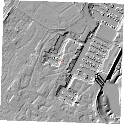 Shaded relief map of the ground around BN235UL, computed from Environment Agency LiDAR. The ground here sits at about 3 m above sea level and falls 9 m across the surrounding 800 m. Surface water reaching this point runs off ground lying to the south-south-east, 0.9 m higher.
