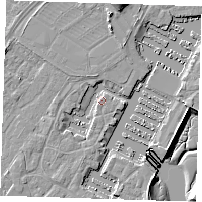 Shaded relief map of the ground around BN235UN, computed from Environment Agency LiDAR. The ground here sits at about 4 m above sea level and falls 12 m across the surrounding 800 m. Surface water reaching this point runs off ground lying to the east, 2.7 m higher.
