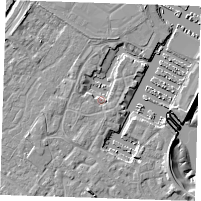 Shaded relief map of the ground around BN235UP, computed from Environment Agency LiDAR. The ground here sits at about 4 m above sea level and falls 10 m across the surrounding 800 m. Surface water reaching this point runs off ground lying to the west-south-west, 2.8 m higher.