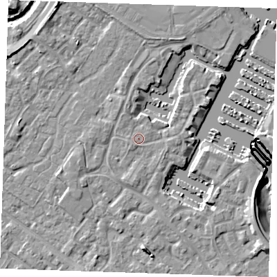 Shaded relief map of the ground around BN235UQ, computed from Environment Agency LiDAR. The ground here sits at about 4 m above sea level and falls 12 m across the surrounding 800 m. The ground contributing surface water to this point lies to the west-south-west.