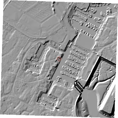 Shaded relief map of the ground around BN235UR, computed from Environment Agency LiDAR. The ground here sits at about 2 m above sea level and falls 10 m across the surrounding 800 m. Surface water reaching this point runs off ground lying to the south-south-east, 4.8 m higher.