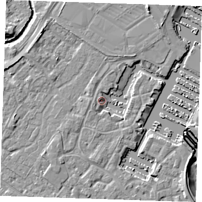 Shaded relief map of the ground around BN235UT, computed from Environment Agency LiDAR. The ground here sits at about 3 m above sea level and falls 12 m across the surrounding 800 m. Surface water reaching this point runs off ground lying to the south-west, 0.8 m higher.