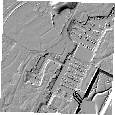 Shaded relief map of the ground around BN235UY, computed from Environment Agency LiDAR. The ground here sits at about 3 m above sea level and falls 15 m across the surrounding 800 m. Surface water reaching this point runs off ground lying to the south-west, 3.3 m higher.