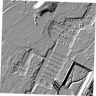 Shaded relief map of the ground around BN235UZ, computed from Environment Agency LiDAR. The ground here sits at about 3 m above sea level and falls 15 m across the surrounding 800 m. Surface water reaching this point runs off ground lying to the east-north-east, 2.5 m higher.