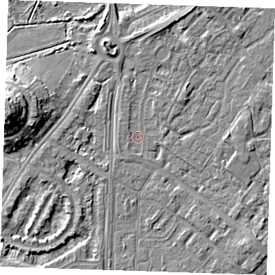 Shaded relief map of the ground around BN236AB, computed from Environment Agency LiDAR. The ground here sits at about 3 m above sea level and falls 12 m across the surrounding 800 m. Surface water reaching this point runs off ground lying to the west-south-west, 0.9 m higher.