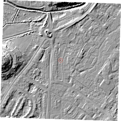 Shaded relief map of the ground around BN236AD, computed from Environment Agency LiDAR. The ground here sits at about 3 m above sea level and falls 12 m across the surrounding 800 m. Surface water reaching this point runs off ground lying to the south-south-west, 0.9 m higher.
