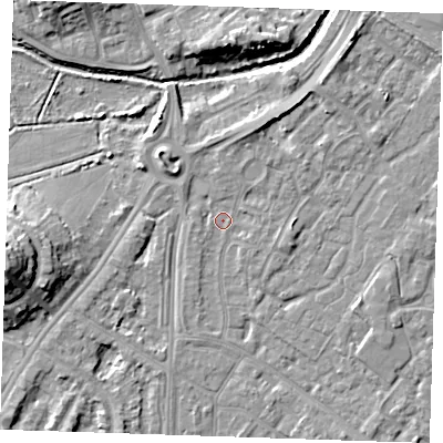 Shaded relief map of the ground around BN236AE, computed from Environment Agency LiDAR. The ground here sits at about 3 m above sea level and falls 12 m across the surrounding 800 m. Surface water reaching this point runs off ground lying to the north-north-east, 2.7 m higher.