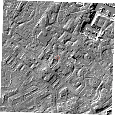 Shaded relief map of the ground around BN236AF, computed from Environment Agency LiDAR. The ground here sits at about 3 m above sea level and falls 6 m across the surrounding 800 m. Surface water reaching this point runs off ground lying to the south-west, 1.8 m higher.