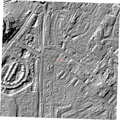 Shaded relief map of the ground around BN236AH, computed from Environment Agency LiDAR. The ground here sits at about 3 m above sea level and falls 8 m across the surrounding 800 m. Surface water reaching this point runs off ground lying to the east-south-east, 2.8 m higher.