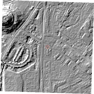 Shaded relief map of the ground around BN236AJ, computed from Environment Agency LiDAR. The ground here sits at about 3 m above sea level and falls 12 m across the surrounding 800 m. Surface water reaching this point runs off ground lying to the north-north-west, 0.5 m higher.