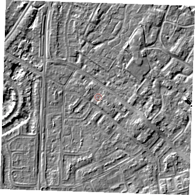 Shaded relief map of the ground around BN236AN, computed from Environment Agency LiDAR. The ground here sits at about 3 m above sea level and falls 5 m across the surrounding 800 m. Surface water reaching this point runs off ground lying to the east, 1.2 m higher.