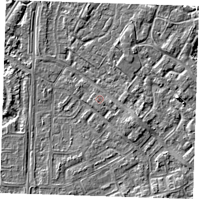 Shaded relief map of the ground around BN236AP, computed from Environment Agency LiDAR. The ground here sits at about 4 m above sea level and falls 6 m across the surrounding 800 m. Surface water reaching this point runs off ground lying to the south, 0.8 m higher.