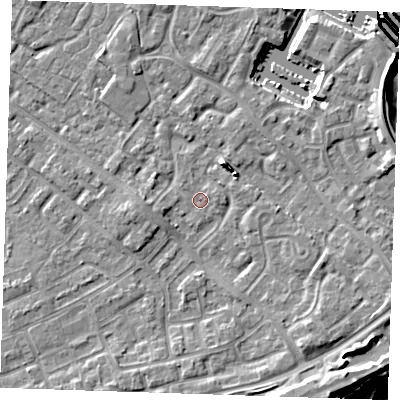 Shaded relief map of the ground around BN236AQ, computed from Environment Agency LiDAR. The ground here sits at about 3 m above sea level and falls 11 m across the surrounding 800 m. Surface water reaching this point runs off ground lying to the east-north-east, 0.9 m higher.