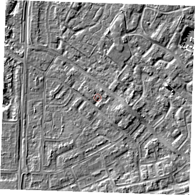 Shaded relief map of the ground around BN236AR, computed from Environment Agency LiDAR. The ground here sits at about 4 m above sea level and falls 6 m across the surrounding 800 m. Surface water reaching this point runs off ground lying to the south-east, 1.2 m higher.