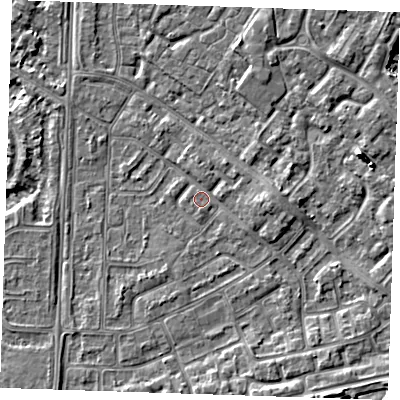 Shaded relief map of the ground around BN236AS, computed from Environment Agency LiDAR. The ground here sits at about 3 m above sea level and falls 6 m across the surrounding 800 m. Surface water reaching this point runs off ground lying to the east, 1.8 m higher.