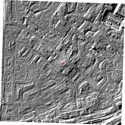 Shaded relief map of the ground around BN236AT, computed from Environment Agency LiDAR. The ground here sits at about 5 m above sea level and falls 6 m across the surrounding 800 m. Surface water reaching this point runs off ground lying to the east-south-east, 1.1 m higher.