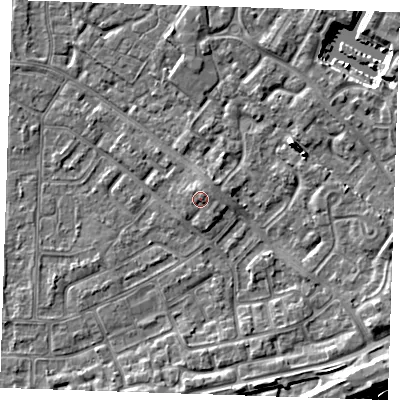 Shaded relief map of the ground around BN236AU, computed from Environment Agency LiDAR. The ground here sits at about 5 m above sea level and falls 6 m across the surrounding 800 m. Surface water reaching this point runs off ground lying to the north-east, 0.8 m higher.