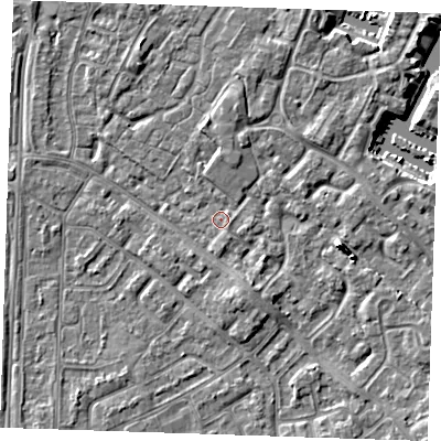 Shaded relief map of the ground around BN236AW, computed from Environment Agency LiDAR. The ground here sits at about 3 m above sea level and falls 6 m across the surrounding 800 m. Surface water reaching this point runs off ground lying to the south-south-east, 1.9 m higher.