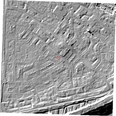 Shaded relief map of the ground around BN236AX, computed from Environment Agency LiDAR. The ground here sits at about 3 m above sea level and falls 12 m across the surrounding 800 m. Surface water reaching this point runs off ground lying to the north-north-east, 1.5 m higher.