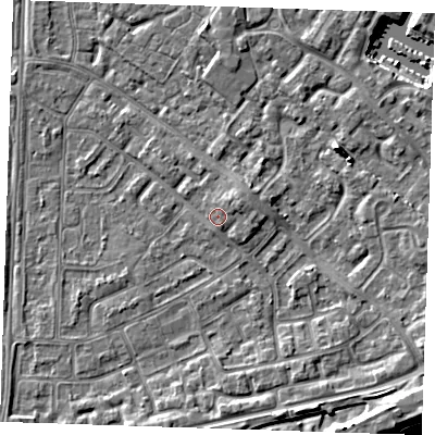 Shaded relief map of the ground around BN236AY, computed from Environment Agency LiDAR. The ground here sits at about 4 m above sea level and falls 7 m across the surrounding 800 m. Surface water reaching this point runs off ground lying to the east-north-east, 0.9 m higher.