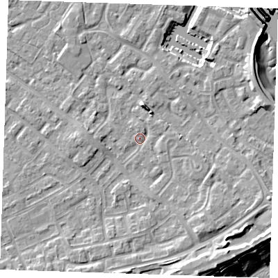 Shaded relief map of the ground around BN236AZ, computed from Environment Agency LiDAR. The ground here sits at about 4 m above sea level and falls 11 m across the surrounding 800 m. Surface water reaching this point runs off ground lying to the south-south-east, 4.0 m higher.