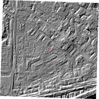 Shaded relief map of the ground around BN236BA, computed from Environment Agency LiDAR. The ground here sits at about 3 m above sea level and falls 7 m across the surrounding 800 m. Surface water reaching this point runs off ground lying to the east-north-east, 3.9 m higher.