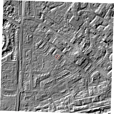 Shaded relief map of the ground around BN236BB, computed from Environment Agency LiDAR. The ground here sits at about 3 m above sea level and falls 6 m across the surrounding 800 m. Surface water reaching this point runs off ground lying to the east, 2.2 m higher.
