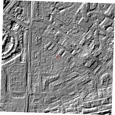 Shaded relief map of the ground around BN236BD, computed from Environment Agency LiDAR. The ground here sits at about 3 m above sea level and falls 5 m across the surrounding 800 m. Surface water reaching this point runs off ground lying to the east, 2.2 m higher.