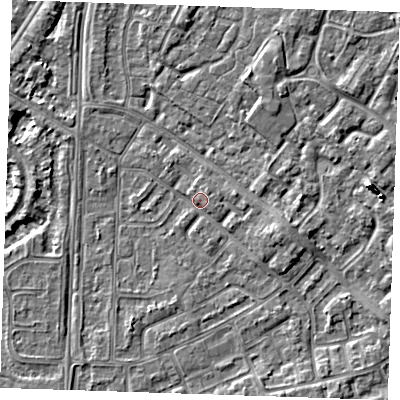 Shaded relief map of the ground around BN236BE, computed from Environment Agency LiDAR. The ground here sits at about 4 m above sea level and falls 5 m across the surrounding 800 m. Surface water reaching this point runs off ground lying to the east-south-east, 2.3 m higher.