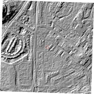 Shaded relief map of the ground around BN236BH, computed from Environment Agency LiDAR. The ground here sits at about 3 m above sea level and falls 10 m across the surrounding 800 m. Surface water reaching this point runs off ground lying to the north-north-east, 1.0 m higher.