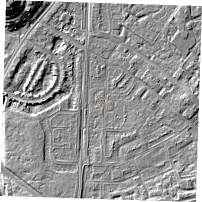Shaded relief map of the ground around BN236BJ, computed from Environment Agency LiDAR. The ground here sits at about 3 m above sea level and falls 12 m across the surrounding 800 m. Surface water reaching this point runs off ground lying to the east, 2.4 m higher.