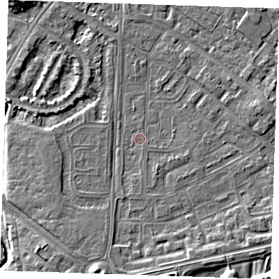 Shaded relief map of the ground around BN236BL, computed from Environment Agency LiDAR. The ground here sits at about 3 m above sea level and falls 7 m across the surrounding 800 m. Surface water reaching this point runs off ground lying to the south-east, 1.0 m higher.