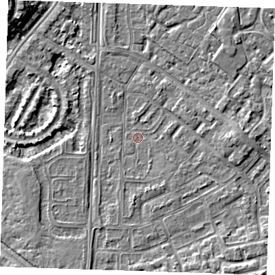 Shaded relief map of the ground around BN236BN, computed from Environment Agency LiDAR. The ground here sits at about 3 m above sea level and falls 8 m across the surrounding 800 m. Surface water reaching this point runs off ground lying to the east, 2.3 m higher.