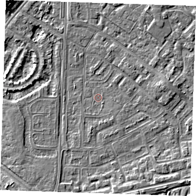 Shaded relief map of the ground around BN236BP, computed from Environment Agency LiDAR. The ground here sits at about 3 m above sea level and falls 6 m across the surrounding 800 m. Surface water reaching this point runs off ground lying to the south-south-east, 1.2 m higher.