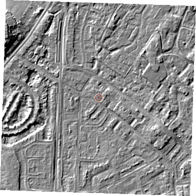 Shaded relief map of the ground around BN236BQ, computed from Environment Agency LiDAR. The ground here sits at about 3 m above sea level and falls 6 m across the surrounding 800 m. Surface water reaching this point runs off ground lying to the north-north-west, 1.0 m higher.