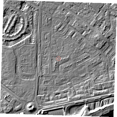 Shaded relief map of the ground around BN236BS, computed from Environment Agency LiDAR. The ground here sits at about 3 m above sea level and falls 8 m across the surrounding 800 m. Surface water reaching this point runs off ground lying to the south-east, 1.0 m higher.