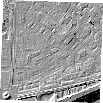 Shaded relief map of the ground around BN236BT, computed from Environment Agency LiDAR. The ground here sits at about 3 m above sea level and falls 12 m across the surrounding 800 m. Surface water reaching this point runs off ground lying to the north-east, 3.9 m higher.
