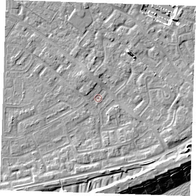 Shaded relief map of the ground around BN236BU, computed from Environment Agency LiDAR. The ground here sits at about 3 m above sea level and falls 12 m across the surrounding 800 m. Surface water reaching this point runs off ground lying to the south-east, 4.0 m higher.