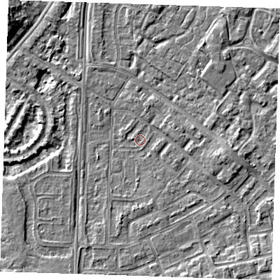 Shaded relief map of the ground around BN236BW, computed from Environment Agency LiDAR. The ground here sits at about 3 m above sea level and falls 6 m across the surrounding 800 m. Surface water reaching this point runs off ground lying to the east-south-east, 2.3 m higher.