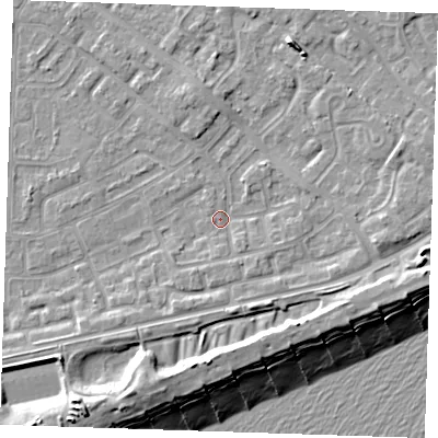 Shaded relief map of the ground around BN236BY, computed from Environment Agency LiDAR. The ground here sits at about 3 m above sea level and falls 13 m across the surrounding 800 m. Surface water reaching this point runs off ground lying to the south-south-west, 5.5 m higher.